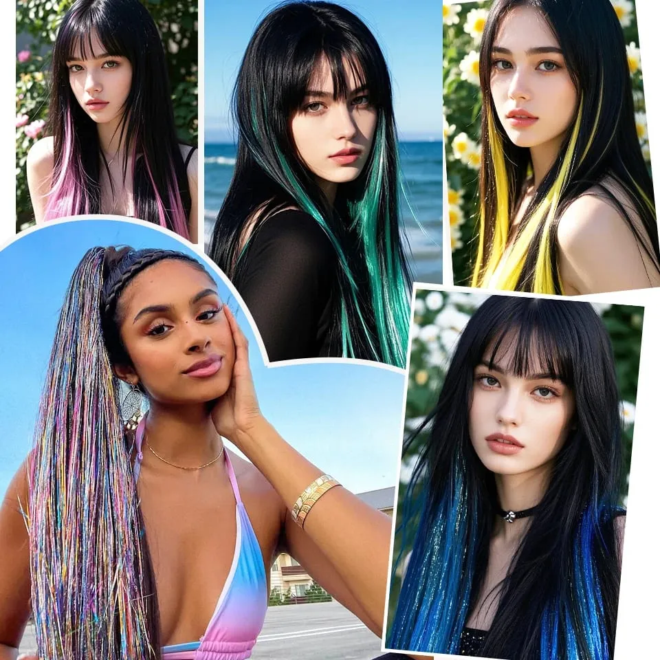 Synthetic Clip in Hair Extensions 12pcs/pack Clip in Colorful Hair Mixed Tinsels Glitter Hairpices for Women Girls Daily Party