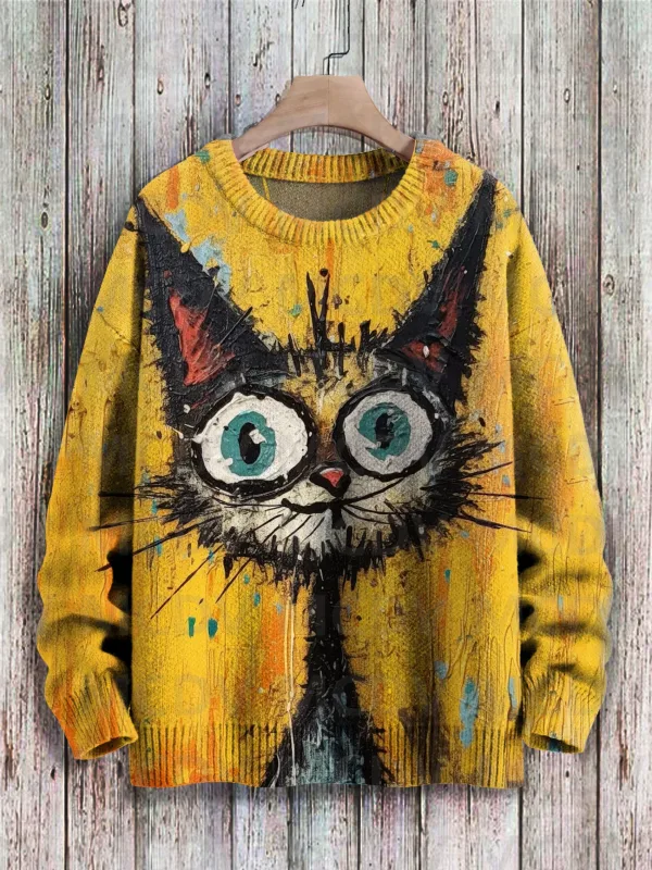 Corak Seni Burung Bunga Kucing Hitam yang comel Cetak Sweater Pullover Bersatu Kasual Sweater Klasik Pullover Lelaki Untuk Wanita
