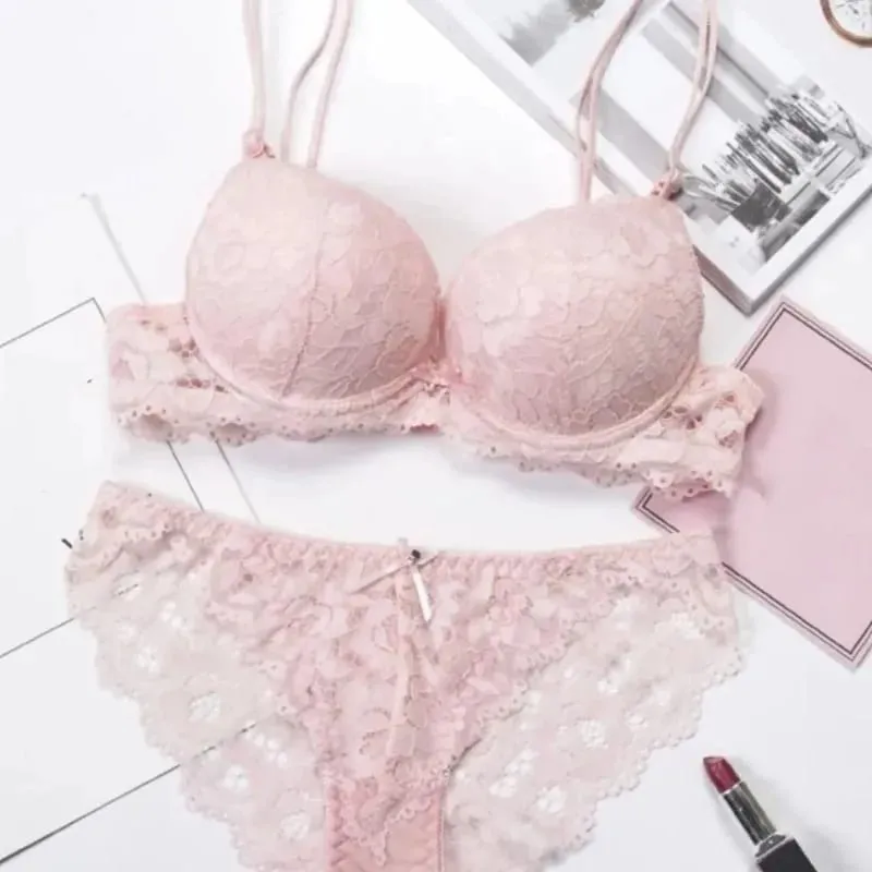 Sweet Mesh Lace Flower Bra Low Waist Bowknot Bra Panties Set Non Slip Lingerie Push Up Bra Women