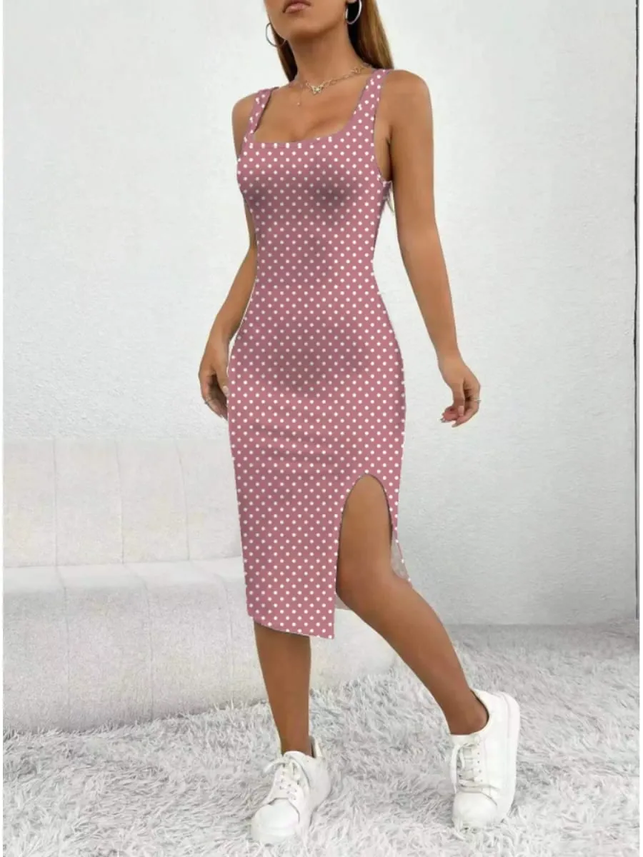 Women's Casual Elegant Thick Strap Square Neck Sleeveless Polka Dot Printed Slit Dress Mid-Length Skirt — image 4