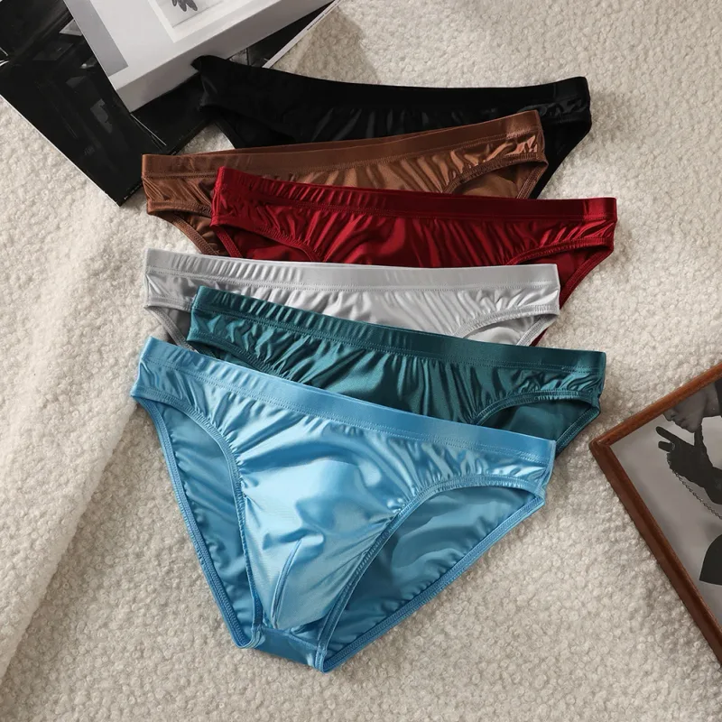 Luxusní hnědé saténové pánské bikiny kalhotky s vysokým elastickým pasem Hladké lesklé spodky s 3D obrysovým váčkem Prodyšné intimky — image 2