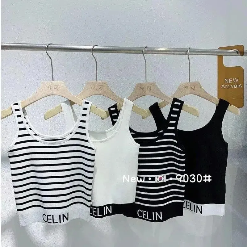 Spring and Summer New Korean-style Hem Letter Stripes Slimming Knitted Halter Top Versatile Slimming Solid Color Vest for Women