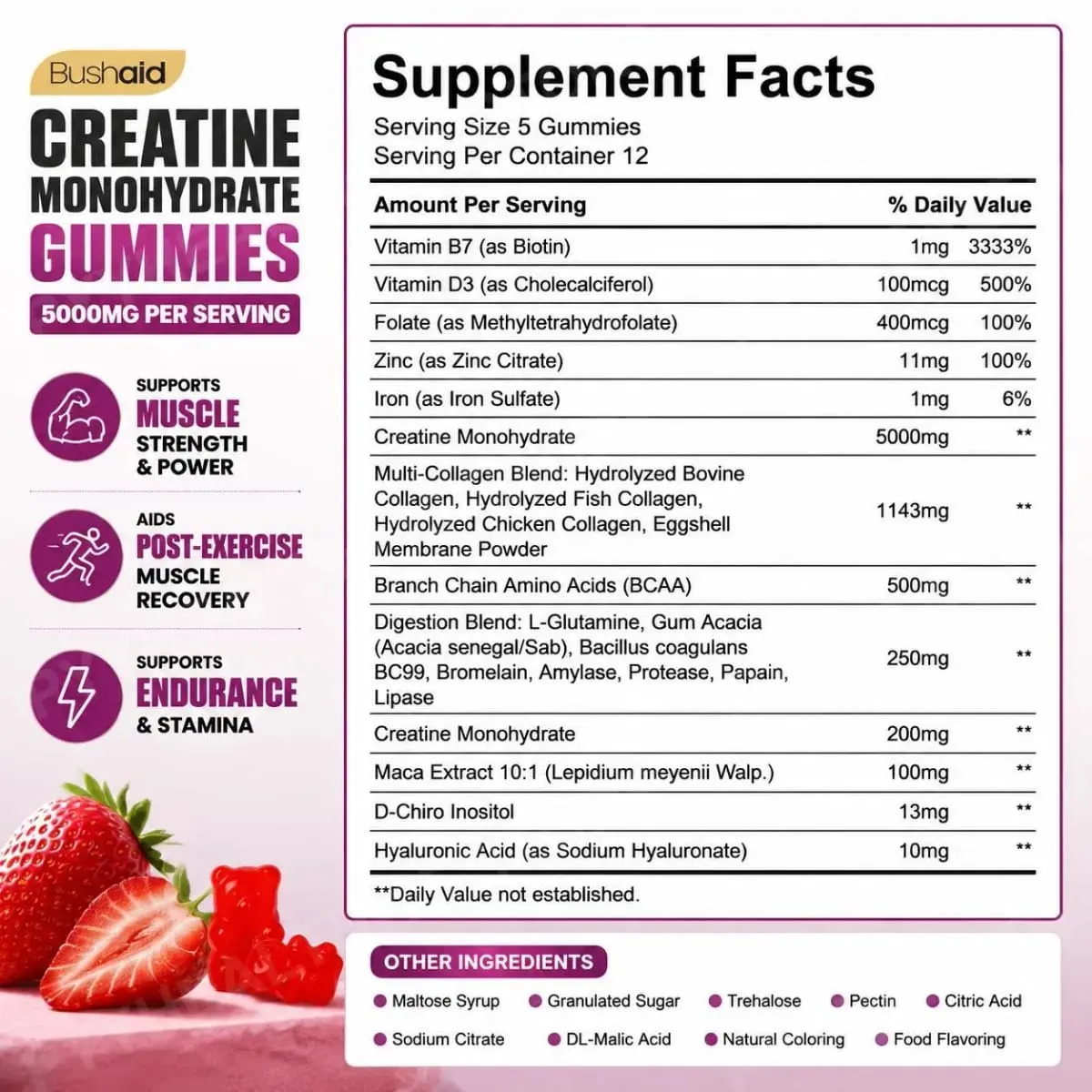 BushAid Creatine Monohydrate Gummies สำหรับการฟื้นฟูกล้ามเนื้อหลังการออกกำลังกายด้วย Multi-Collagen Blend BCAA และ Zinc 60 Gummies