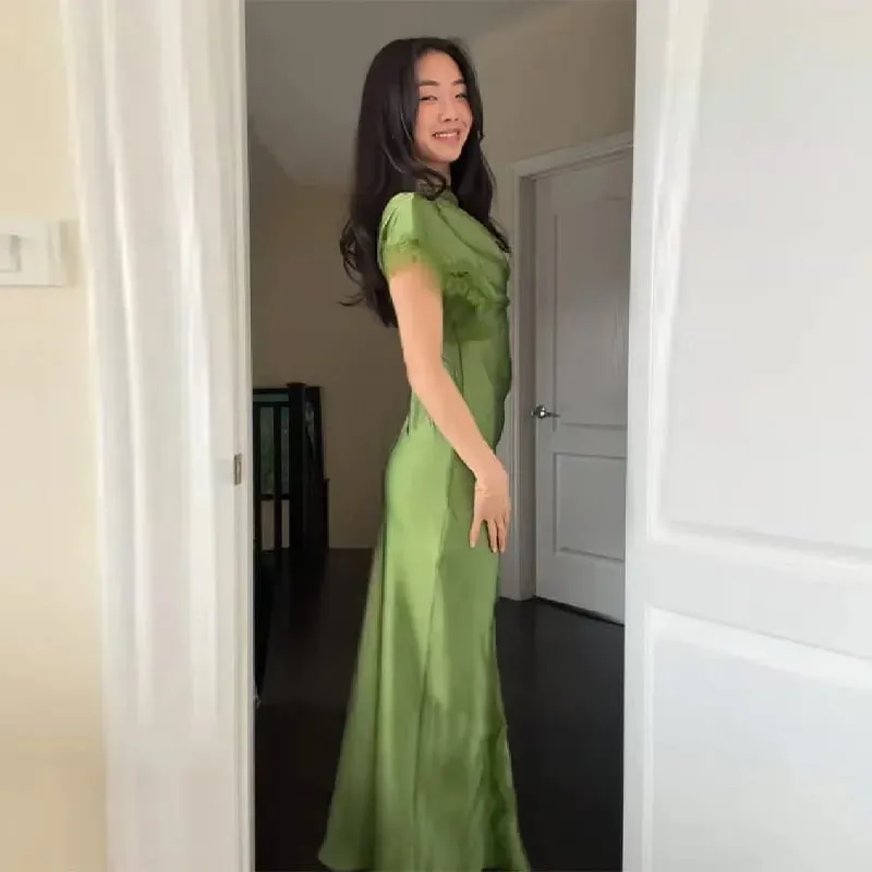 2026 Luxury Olive Green Satin Maxi Dress Women Elegant Shawl Design Lace Trim Asymmetrical Hem Ruched Bodycon Formal Dinner Gown