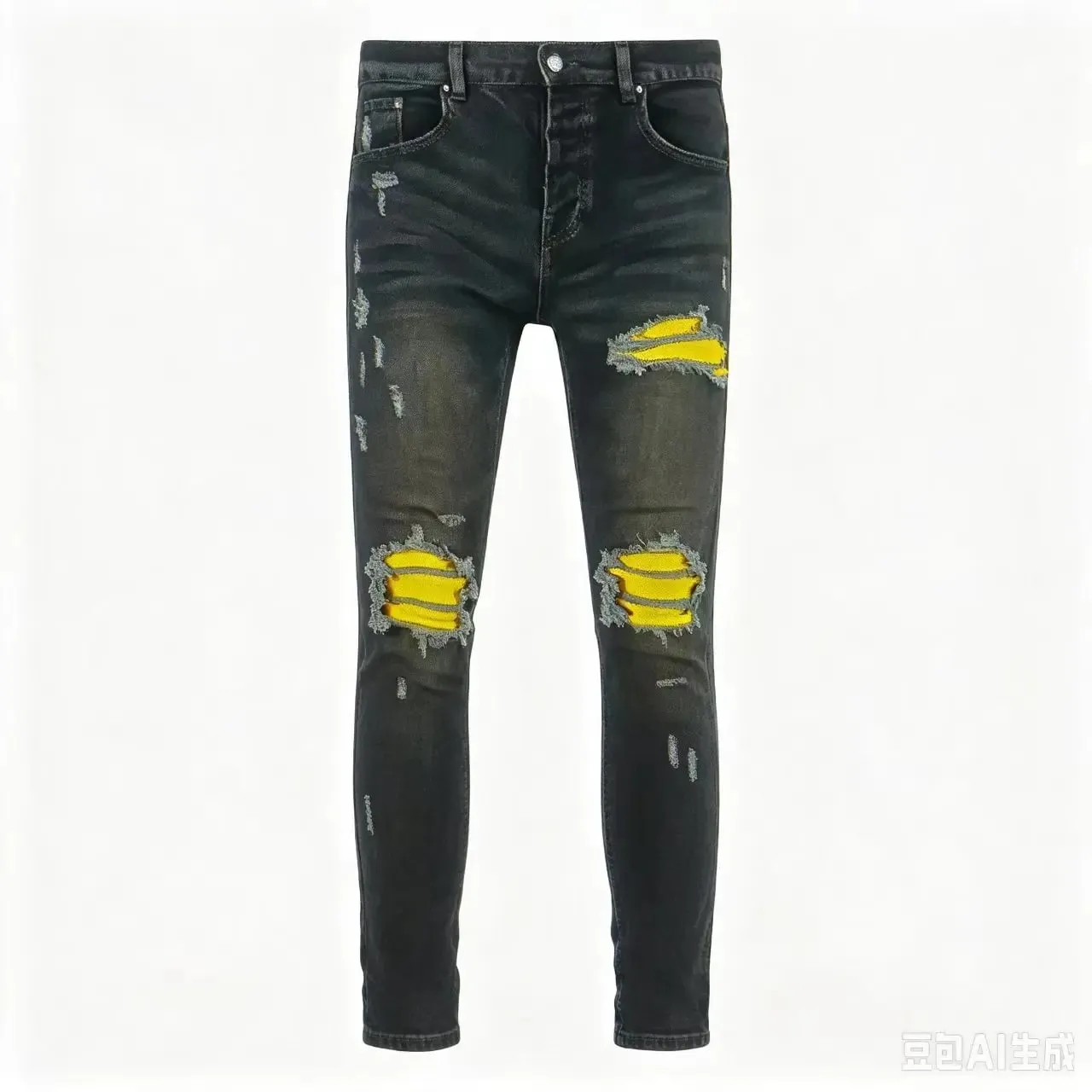 Men's Dark Blue Retro Slim Fit Jeans Street Fashion Tapered Pants with Perforated Patch Ripple Splicing Elastic Brand Y2