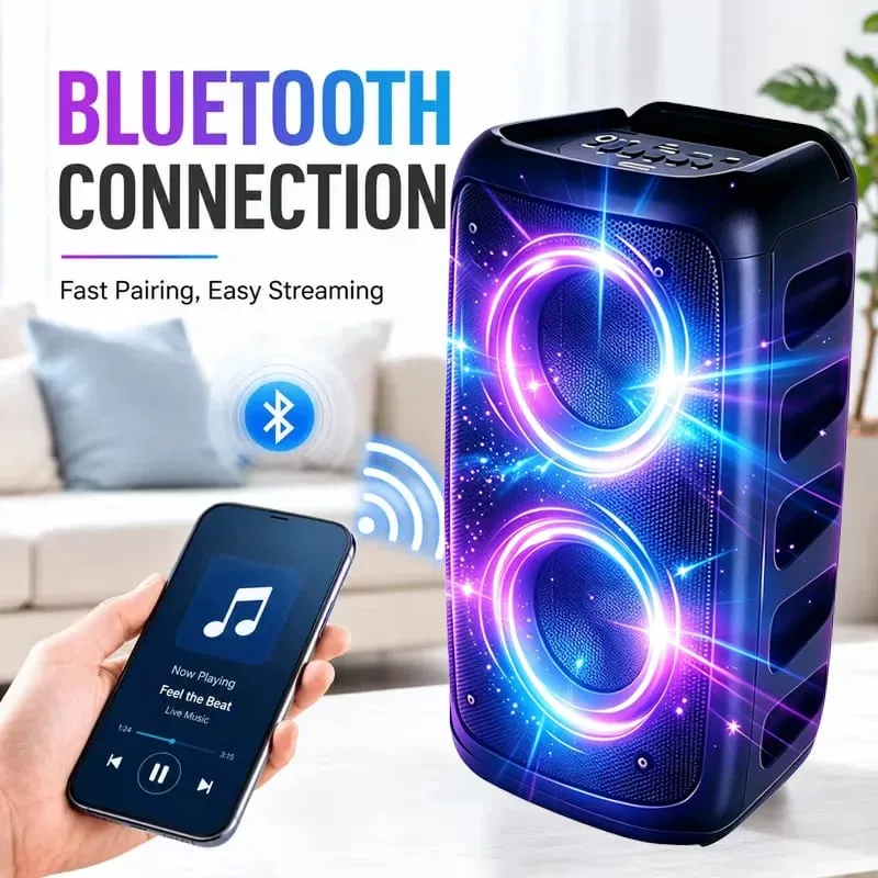 9900Hz Professional Large Bluetooth Speaker with Microphone Portable Design Featuring Subwoofer Party Box LED Lights Compatible with BT/USB/TF/AUX/FM/TWS/MIC/EQ Functions Professional Karaoke. Ideal Gift for Birthdays Christmas and New Year