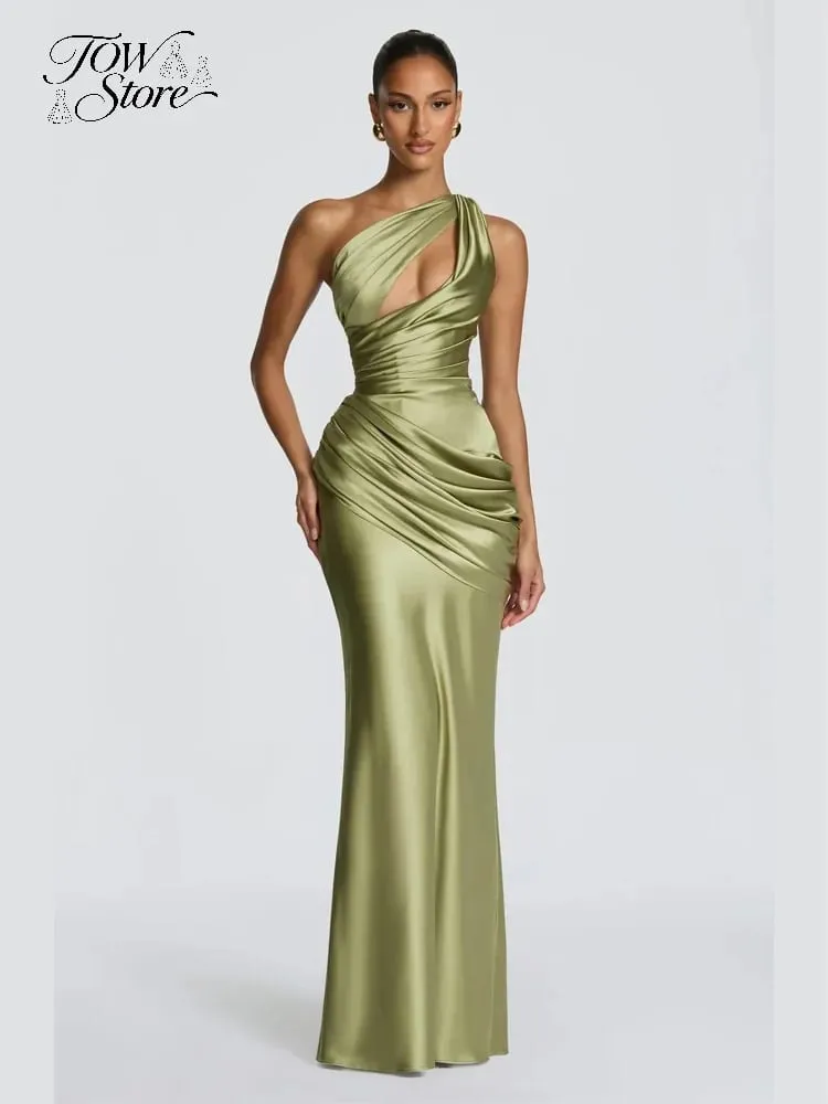 Elegant Solid Ruched Satin Maxi Dress Women One-shoulder Sleeveless Slim Fit Flowy Dresses 2026 Lady Summer Evening Vestidos