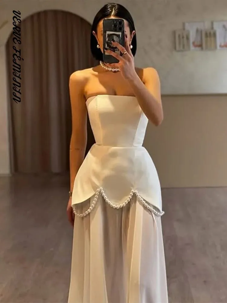 Women's Evening Dresses Mesh Patchwork Strapless Long Dress Elegant Female Ribbon Sleeveless Backless Waist Cinching Vestido New