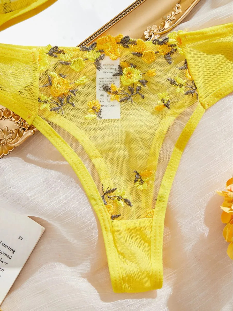 Fairy Yellow Lingerie Women Transparent Bralette 2 Piece Underwear Sets Floral Embroidery Bra Panty And Panty Set