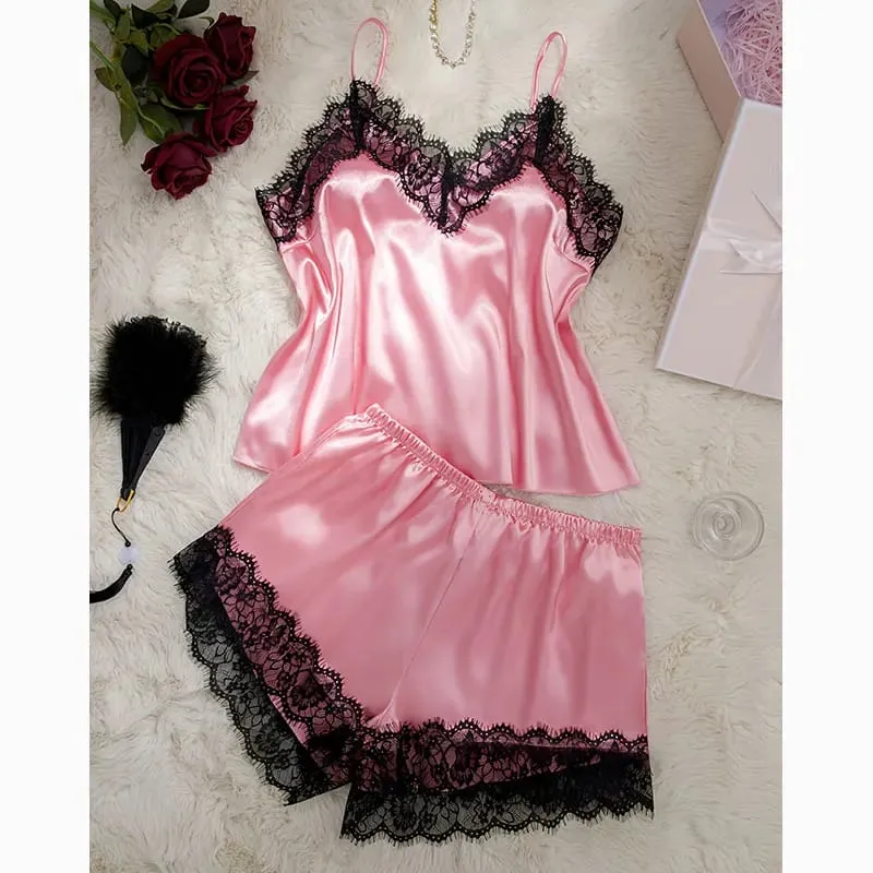Pink Satin Bra And Panty Sets Silky-Soft Women's Underwear Elegant Loungewear Lace Bras And Pajama Set Spaghetti-Strap Lingerie