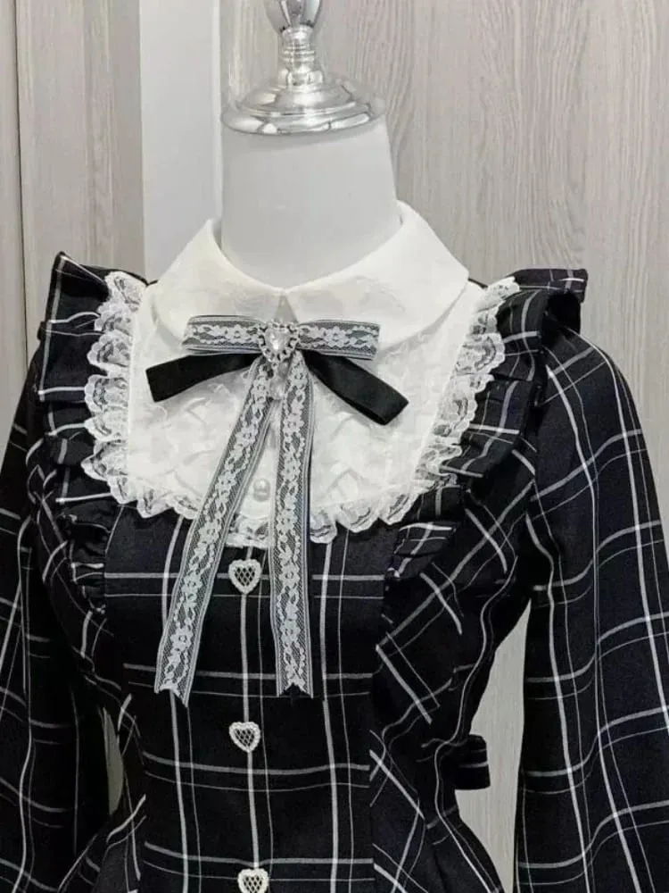 Japonská víla Sladká krajka Patchwork kostkované šaty Dámské Kawaii Grunge Šaty s volánky s dlouhým rukávem Y2k Estetické JK Lolita Vestidos