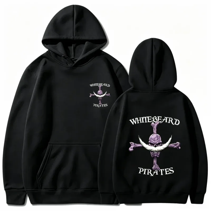One Piece Whitebeard Pirates Hoodie, Print Pullover Sweatshirt, Whitebeard Jolly Roger Anime Graphic Streetwear Hooded Top