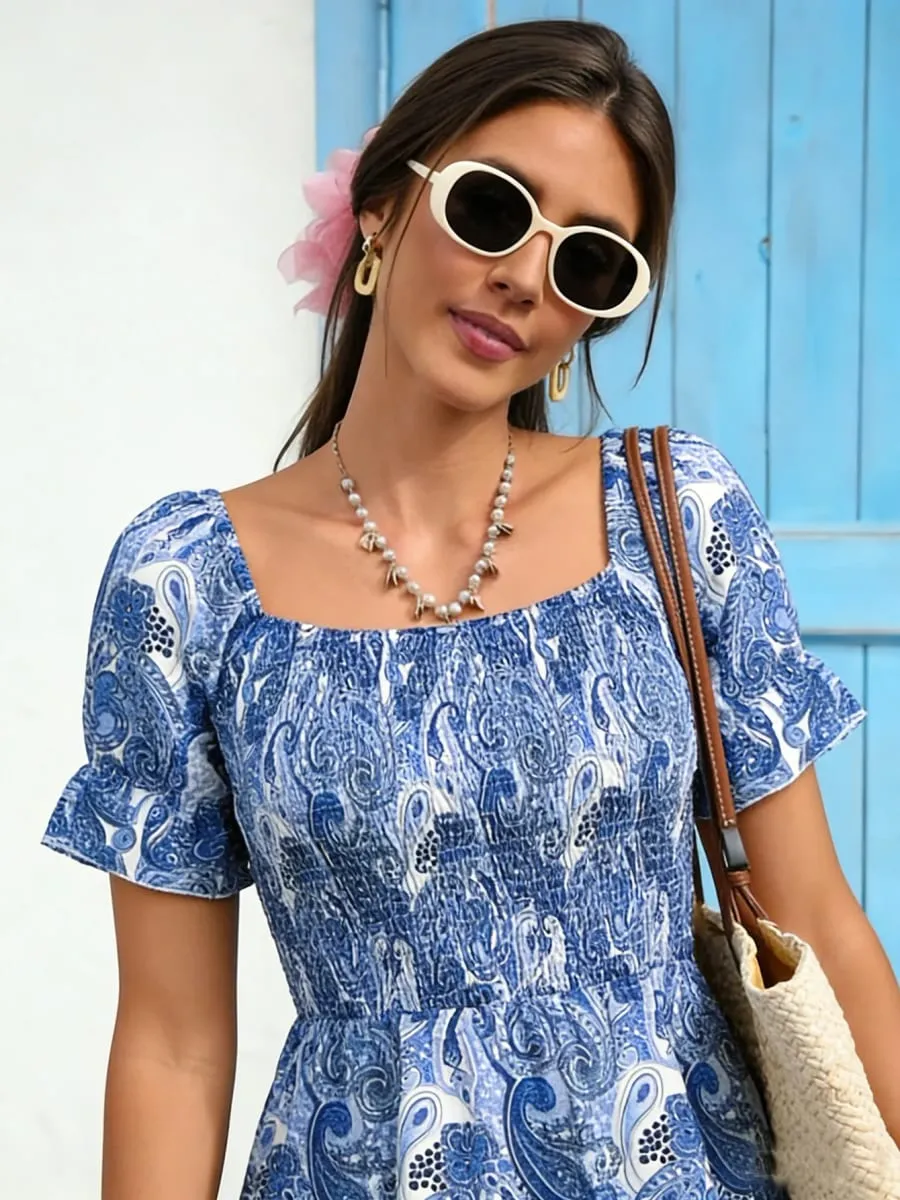 Women's Casual Dresses Square Neck Paisley Print Smocked A-line Dress Boho Dress Spring Summer Beach Date Cute Vacation Dress