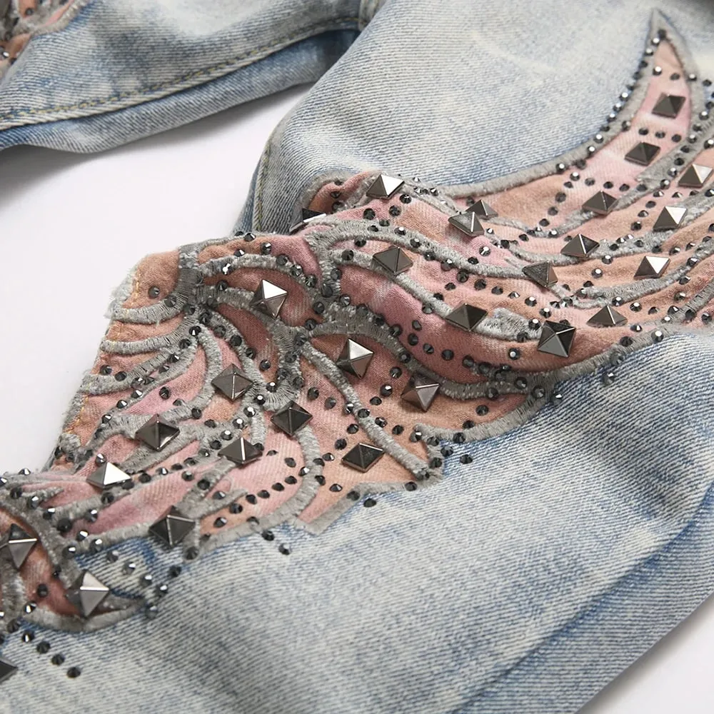 Men's Wing Patch Boot Cut Jeans Rivet Crystal Slim Flared Pants Embroidery Vintage Blue Denim Trousers