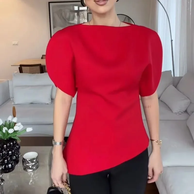 Asymmetric Hem Puff Sleeve Midi Dress Solid Boat Neck Slim Fit 2026 Summer Chic Elegant Party Women Evening Office Evening Gown