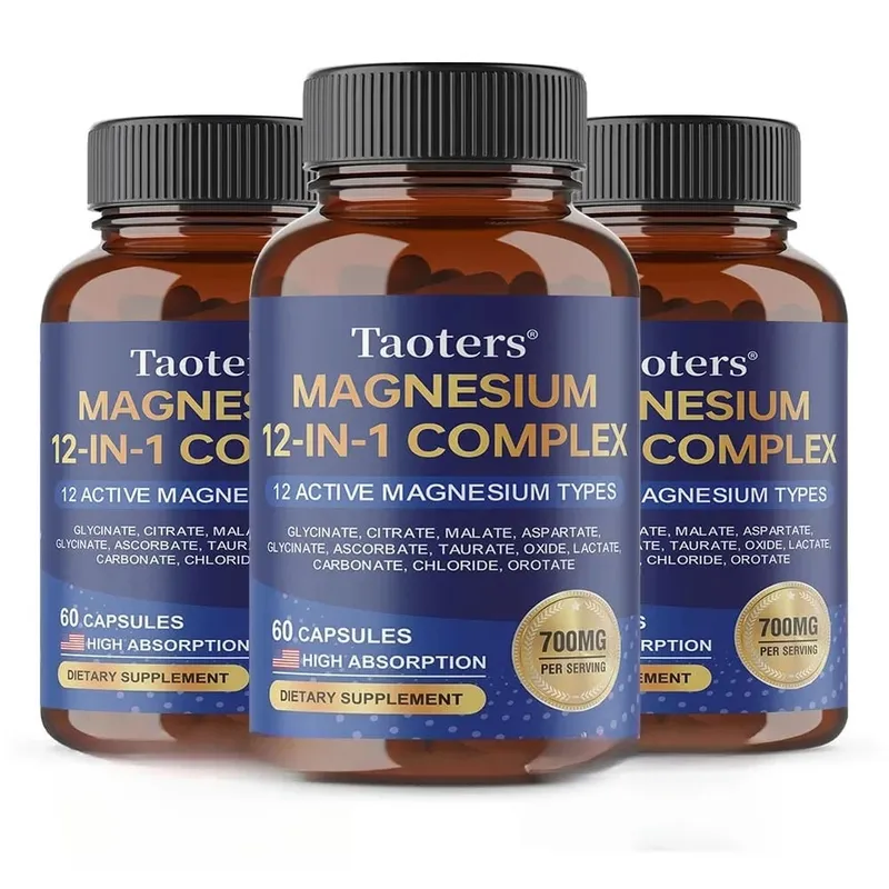 อาหารเสริมแมกนีเซียม 12-in-1 ที่ซับซ้อน – 700 มก. การดูดซึมสูง Glycinate Citrate Malate และ Taurate Blend สำหรับการนอนหลับของเส้นประสาทกล้ามเนื้อ
