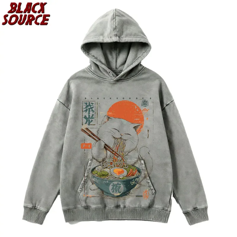 T0220 Cute Ramen Japanese Cat Hoodie, Unisex Cartoon Graphic Pullover Sweatshirt, Casual Streetwear Loose Fit Daily Wear — image 18