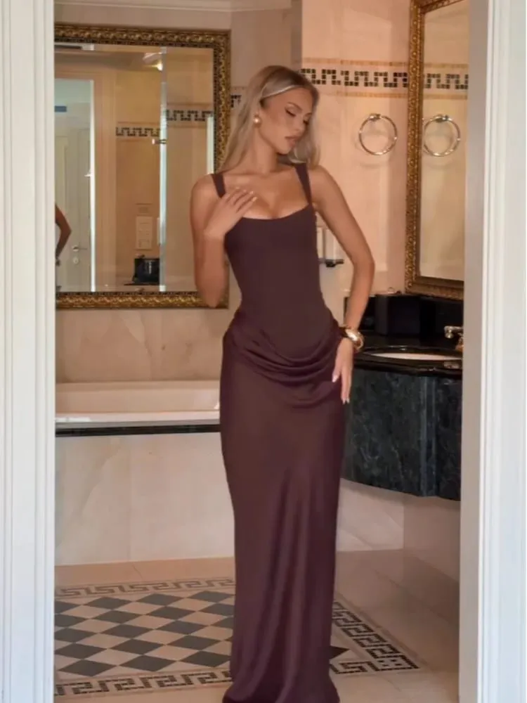 Sexy jednobarevné skládané šátkové šaty pro ženy se čtvercovým výstřihem bez rukávů v pase stahující se štíhlé šaty dámské večerní společenské šaty