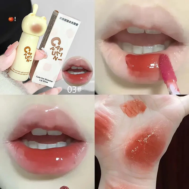 Cute Cat Water Mirror Lip Gloss Lasting Moisturizing Rose Apricot Pink Tint Lip Glaze Nude Lipstick Korean Makeup Girl