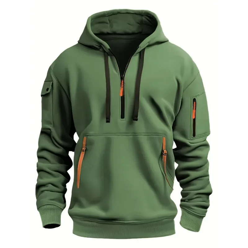 Men's Spring Autumn Hooded Sweatshirt Zip Multi Pocket Pullover Casual Sports Jacket Fashion Trendy Hoodie Top for Men Street