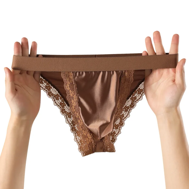 Satin-like Comfortable Men Panties Lace Trim Briefs Sexy High Fork Bikinis Underwear Breathable Low Waist Pouch