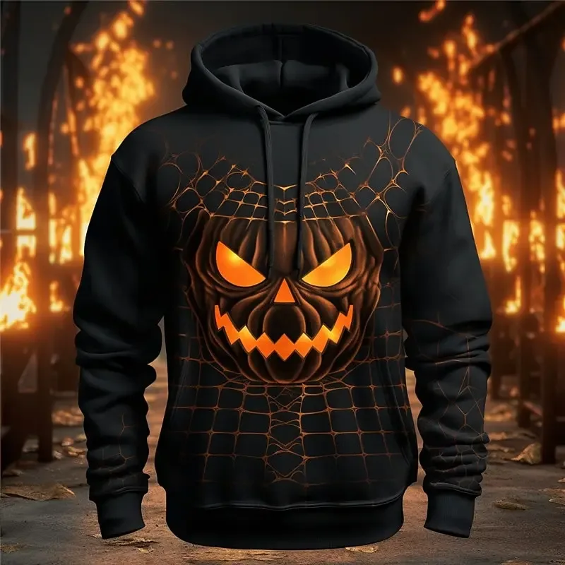 Men Halloween Evil Pumpkin Graphic Printed Hoodie Long Sleeve Pullover Sweatshirt Lantern Men Hooded Shirts Festival Tops