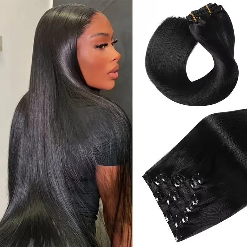 Clip in Hair Extensions Real Human Hair 26 Inch 120g Invisible Seamless Straight Remy Human Hair Clip in Extensions 1B Black