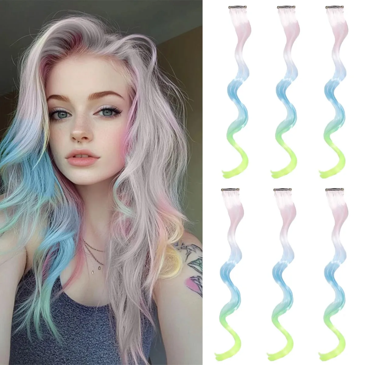 6PCS Ombre Clip In Hair Extensions Synthetic Body Wave Long Wavy Rainbow Highlight For Women Party Cosplay Festival Hair — image 7