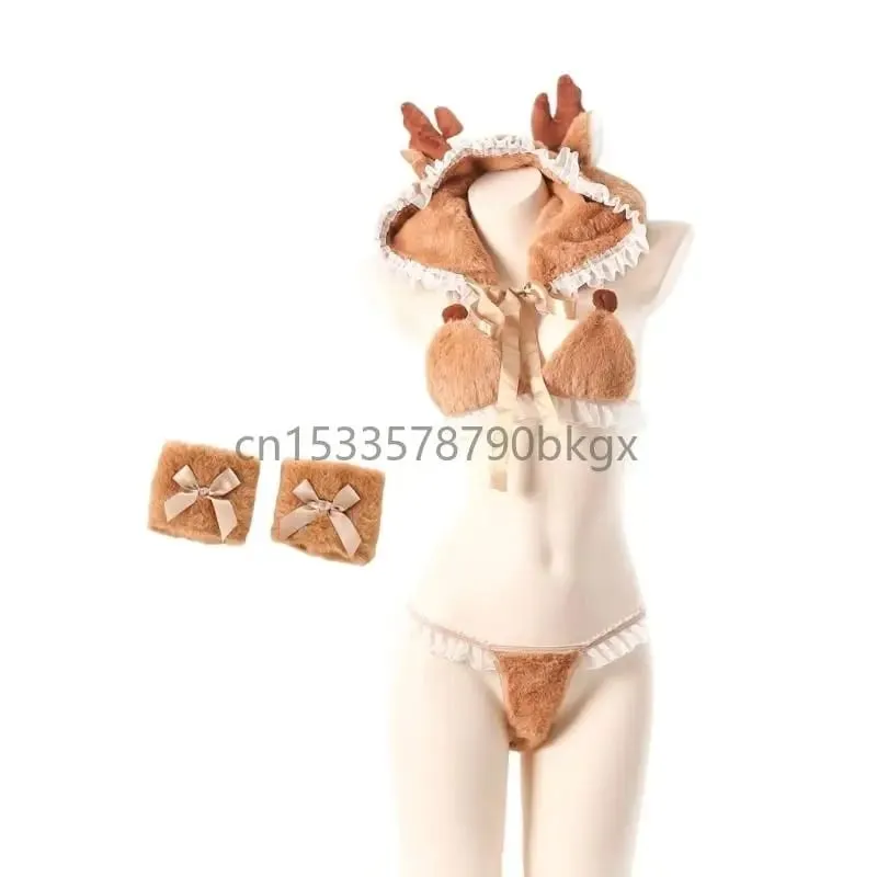 4Pcs Anime Lingerie Deer Cosplay Lingerie Costume Set Fuzzy Bra and Panty with Antler Cap Wirstband Naughty J78E