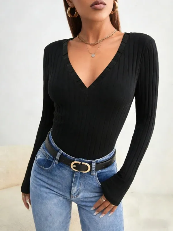Women Black Ribbed Knit V Neck Long Sleeve Bodysuit Casual Slim Fit Form Fitting Jumpsuit For Daily Wear Streetwear & Elegant St — image 6