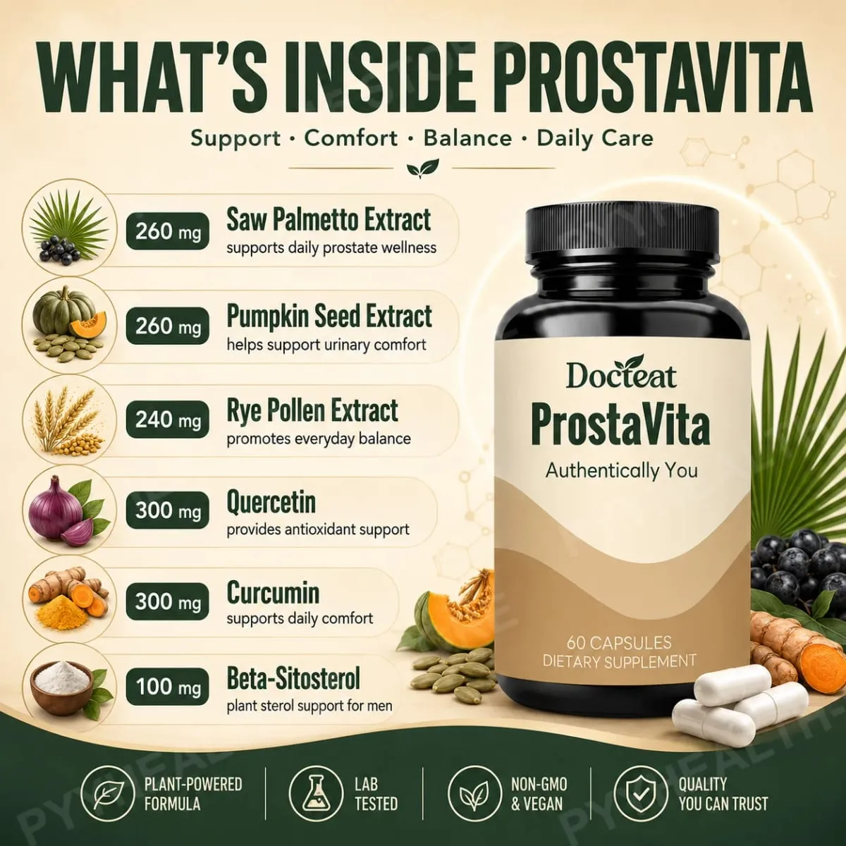 Docteat ProstaVita Men's Prostate Health Capsules with Beta-Sitosterol Saw Palmetto Pumpkin Seed and Lycopene 60 Count