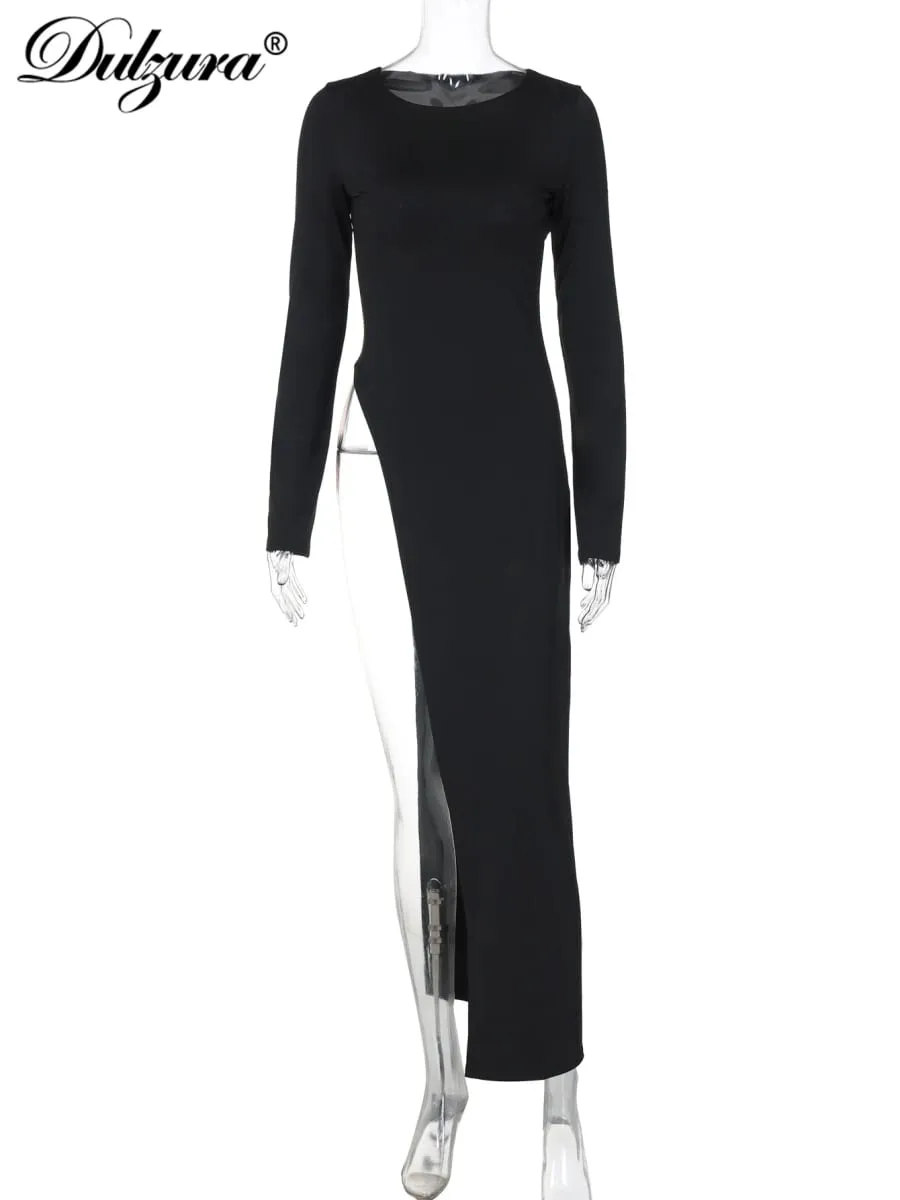 Dulzura Long Sleeves Side High Slit Maxi Dress Solid Sexy Long Dress Women’S Party Club Streetwear Autumn Winter Outfit