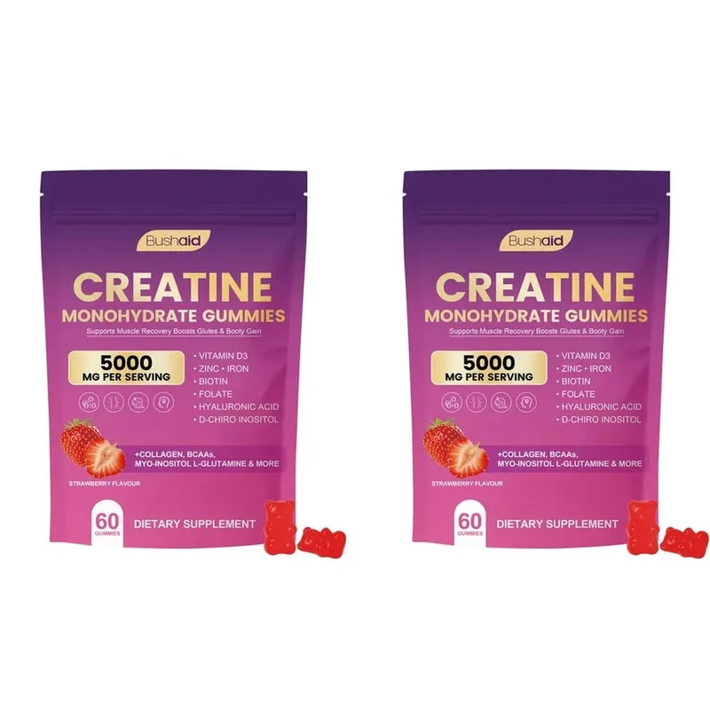 BushAid Creatine Monohydrate Gummies สำหรับการฟื้นฟูกล้ามเนื้อหลังการออกกำลังกายด้วย Multi-Collagen Blend BCAA และ Zinc 60 Gummies