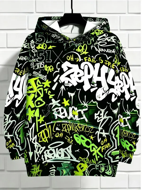 European and American Men's Autumn Gothic Letter Graffiti Print Soft and Comfortable Hooded Sweatshirt Outdoor Street Top