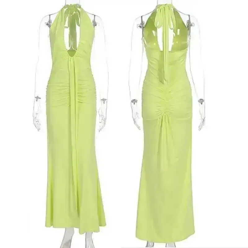 Giyu Sexy Evening Club Party Dresses Women 2025 Summer Ruched Bodycon Dress Deep V Neck Halter Draped Backless Elegant Robe — image 7