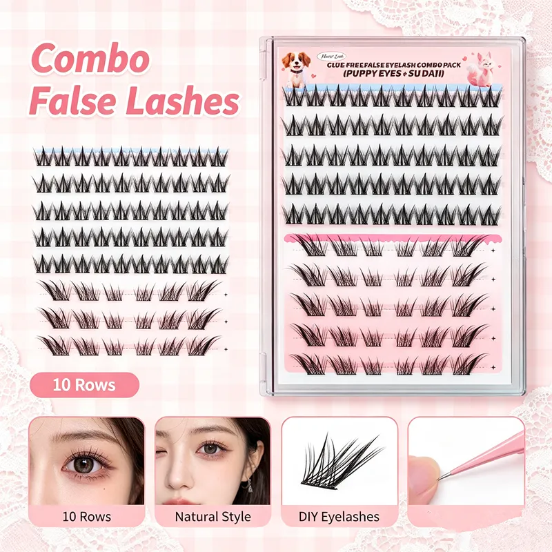 Self Adhesive Lash Clusters Combo Pack 10 Rows No Glue False Eyelashes Puppy Fox Eye Wispy Segmented Lashes for Daily Makeup