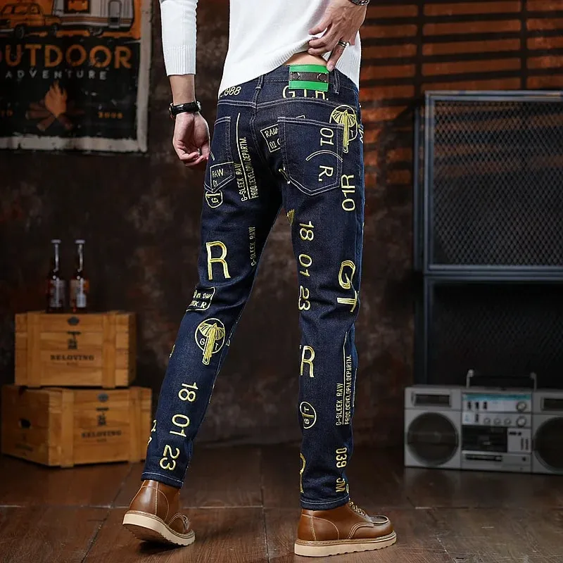 High end 2025 autumn new slim fit small leg pants for men personalized embroidery printed fashion trend jeans