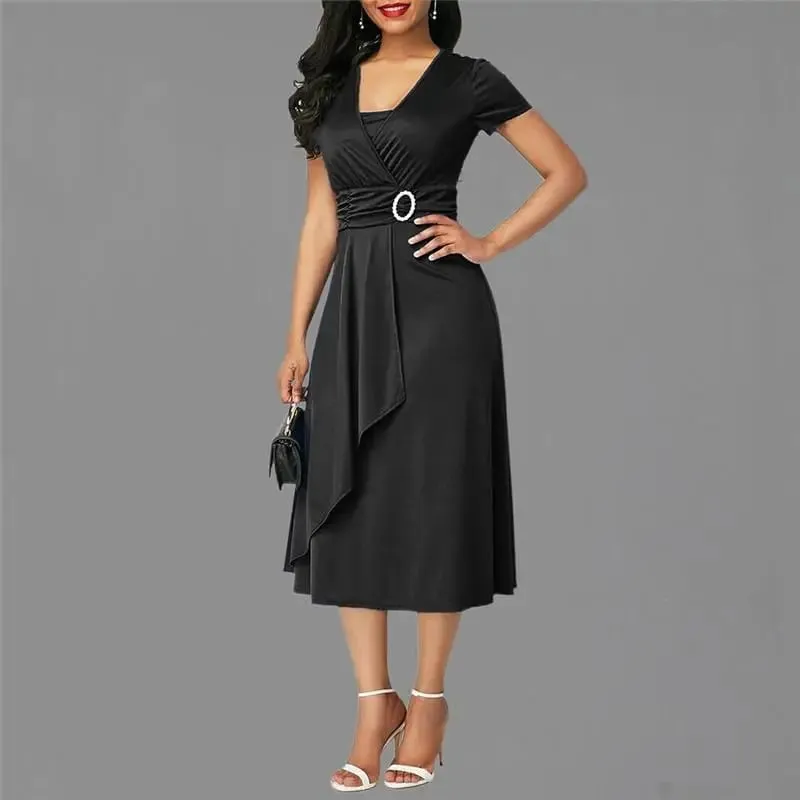 We.Fine Dress Women Solid Color Short Sleeve V Neck Asymmetric Hem Waist Midi Party Dress Elastic Female Dresses Woman Vestidos