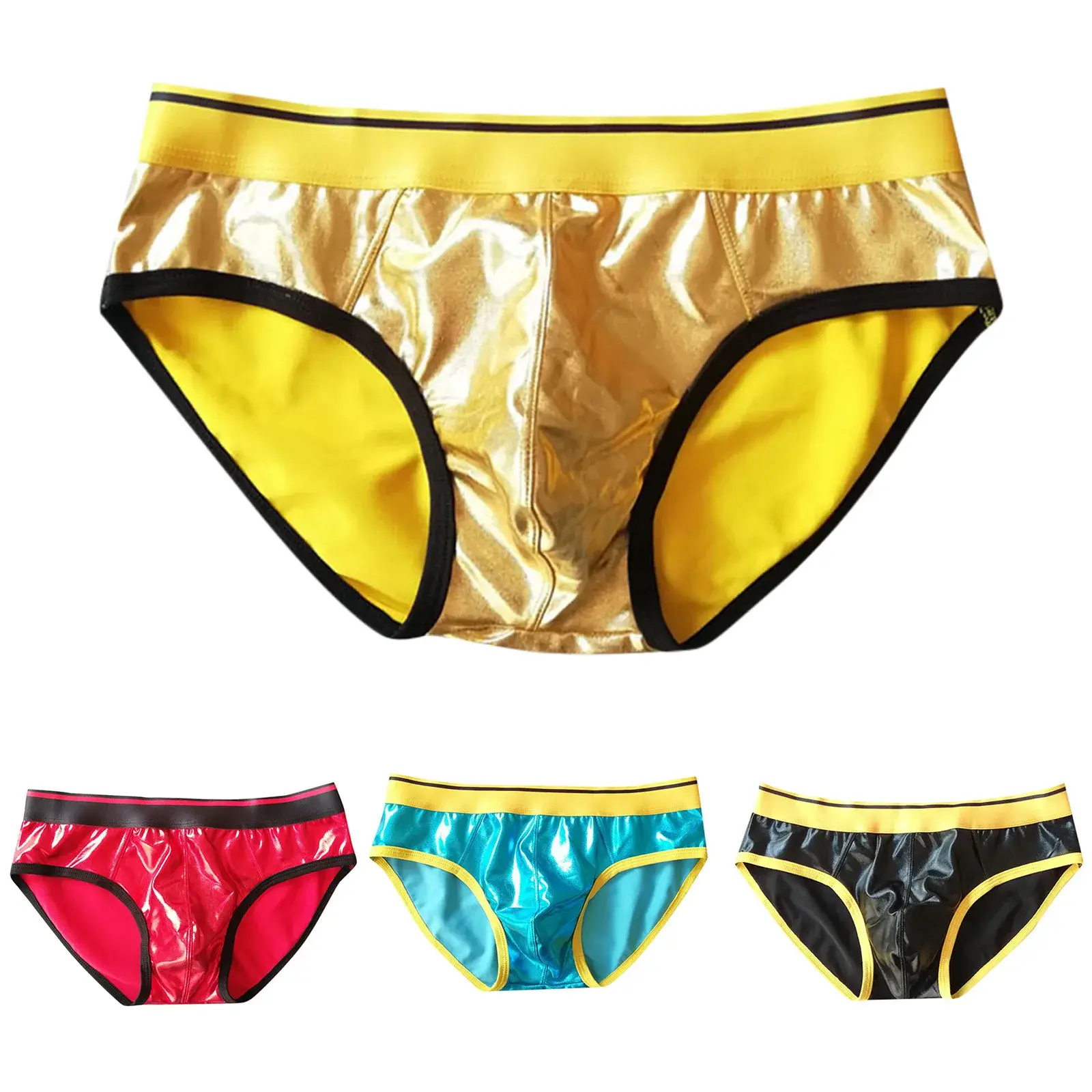 Calças triangulares masculinas de couro falso sexy reflexivo ouro diversão roupa interior elástica calças apertadas legal cueca homem japonês — image 5