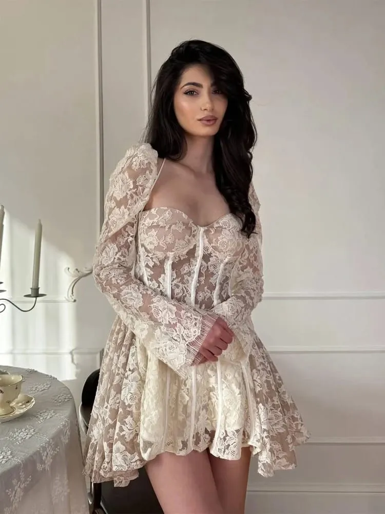 Elegant Patchwork Lace Short Dress Women Chic Full Sleeves See Through A-line Slim Dresses 2026 Lady Evening Party Vestidos New