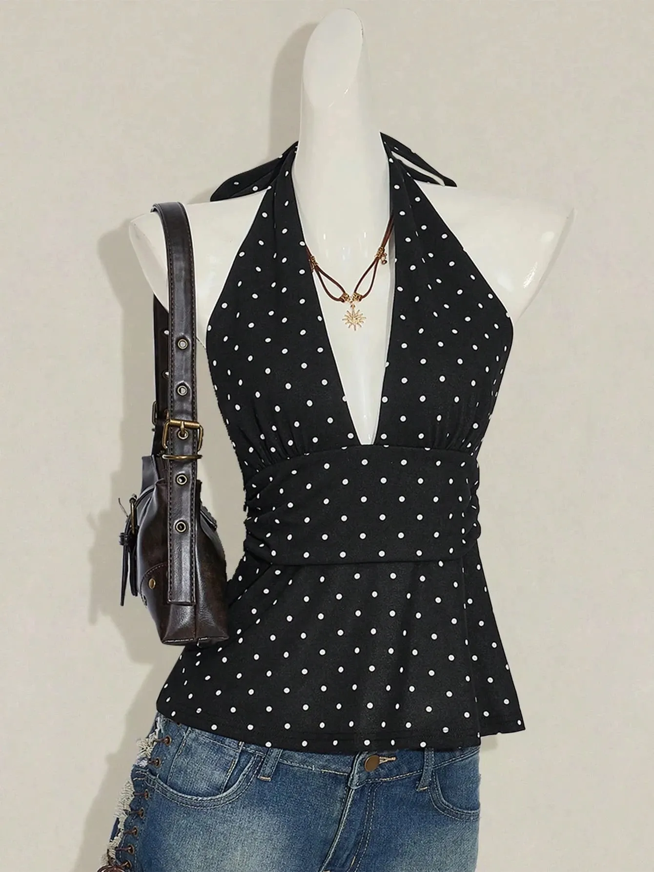 Ladies Polka Dot Backless Strap Top with Waist Pleating Design Adjustable Neck Strap Backless Strap Ladies Shirt