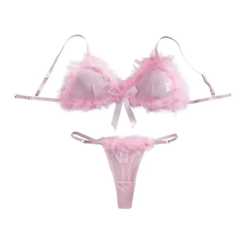 Underclothes Furry Women's Underwear Wireless Mesh Transparent Lingerie Set Bow Decor Romantic Intimate Bra Panties Suit Home