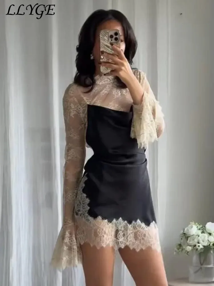 Elegant Lace Patchwork Short Dress Women See Through High Collar Flare Sleeve Party Dresses 2025 Autumn Lady Evening Robes — image 3