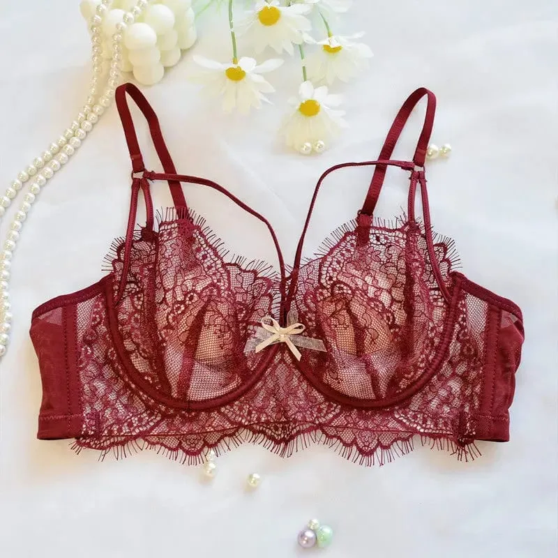 Korean Hot Trend Pure Desire Lace Bra Set Underwire Thin Cup Push Up Large Bust Visually Small Anti Droop Lingerie 32-38 Hot — image 9
