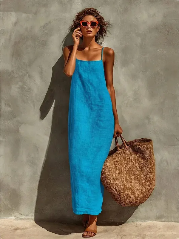 Summer Women Solid Color Casual Comfortable Slip Sundress Sand Beachwear Backless Sleeveless Loose Maxi Long Vacation Dresses — image 9