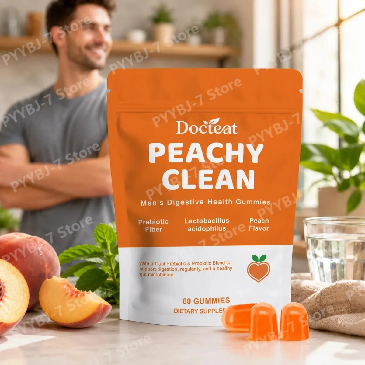 Men's Digestive Health Gummies – Prebiotic & Probiotic Blend – Peach Flavor Supports Men Gut Health Daily