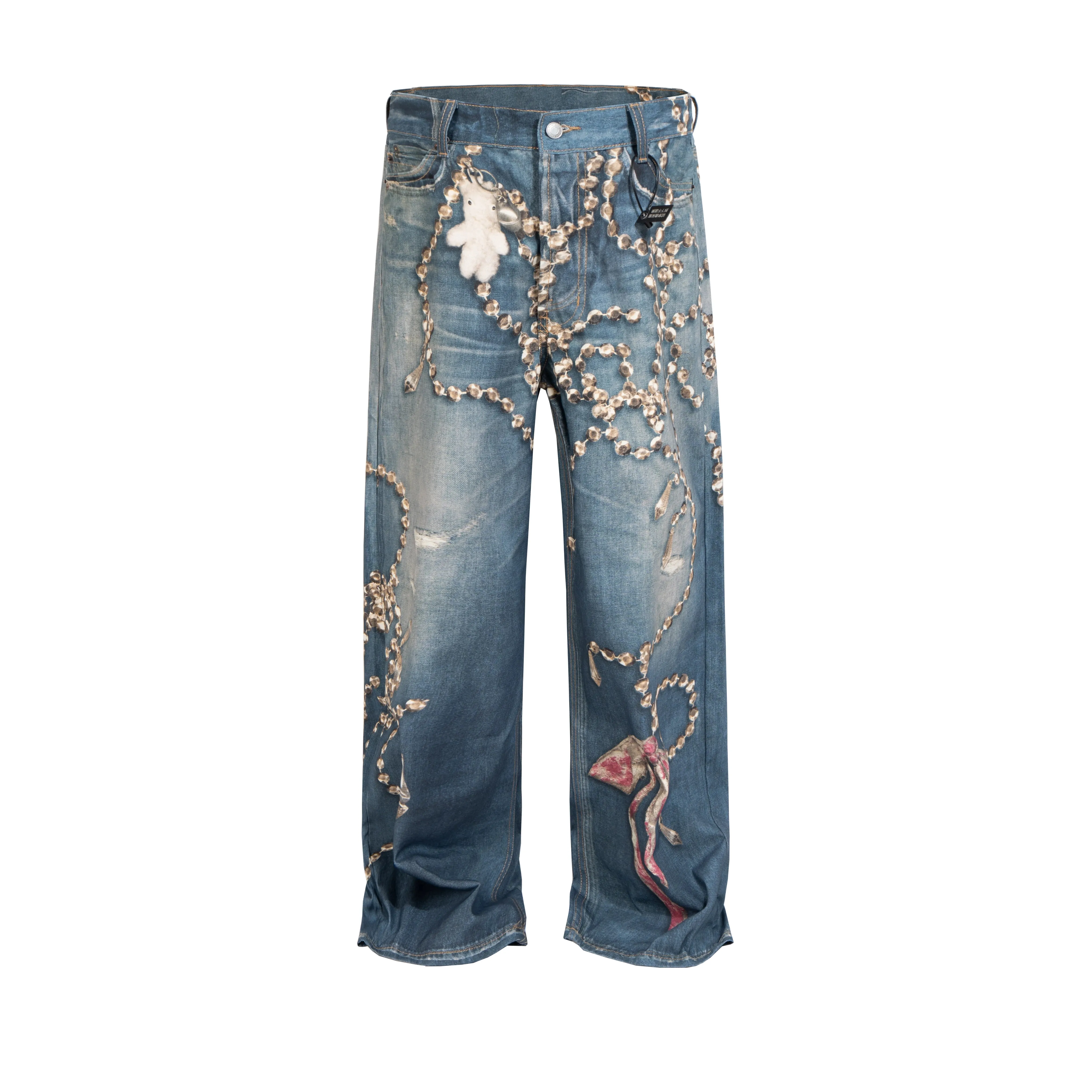 Fake Two Pieces 3D Print Patchwork Baggy Jeans for Men and Women Straight Casual Loose Denim Trousers Oversized
