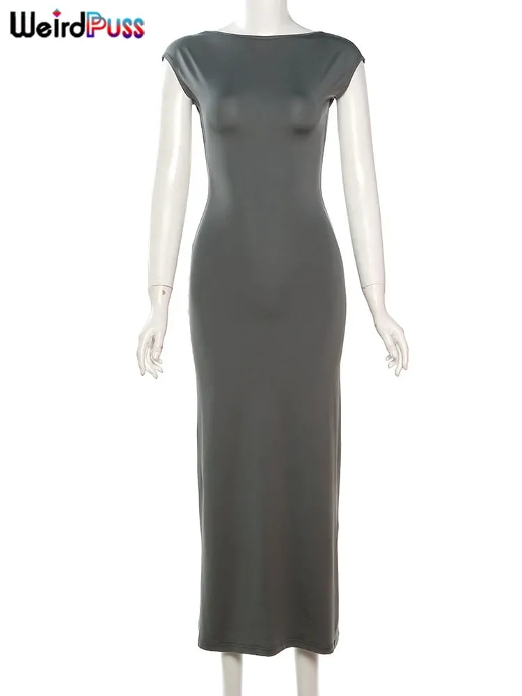 Weird Puss-Vestido largo sexi con espalda descubierta para mujer, vestido largo ajustado de manga corta, elástico, informal, ropa de calle firme, ceñido al cuerpo para fiesta y Club