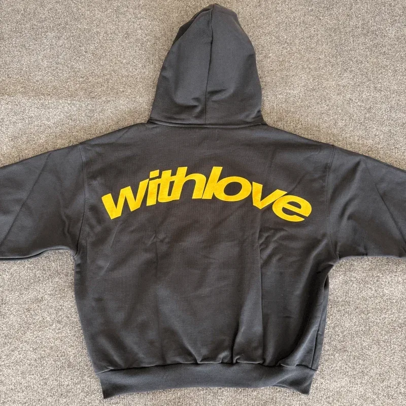 Men's With Love Cursive Text Graphic Hoodie Sweatshirt Oversized Streetwear Pullover Casual Autumn Winter Hooded Top