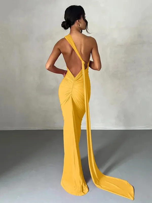 Hugcitar Eine Schulter, rückenfrei, verstellbar, mit Schal, Schleife, gerafft, sexy Maxikleid, 2025, Damen, elegantes Y2K-Streetwear-Festival-Outfit